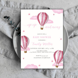 Roze Elegante Hete Luchtballon Meisje Baby shower Kaart