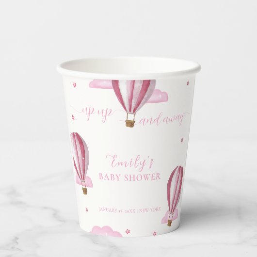Roze Elegante Hete Luchtballon Meisje Baby shower Papieren Bekers (Achterkant)