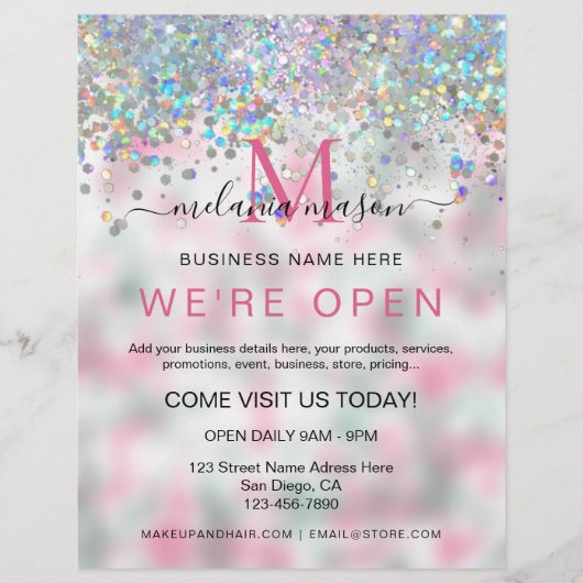 Roze Elegante Holografische Glitter We're Open Sal Flyer (Voorkant)