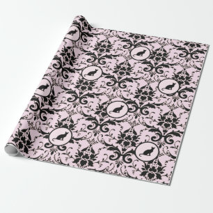 Roze Elegante Kat Damask Patroon Cadeaupapier