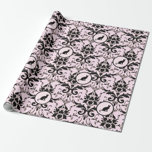 Roze Elegante Kat Damask Patroon Cadeaupapier (Uitgerold)