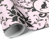 Roze Elegante Kat Damask Patroon Cadeaupapier (Rol Hoek)