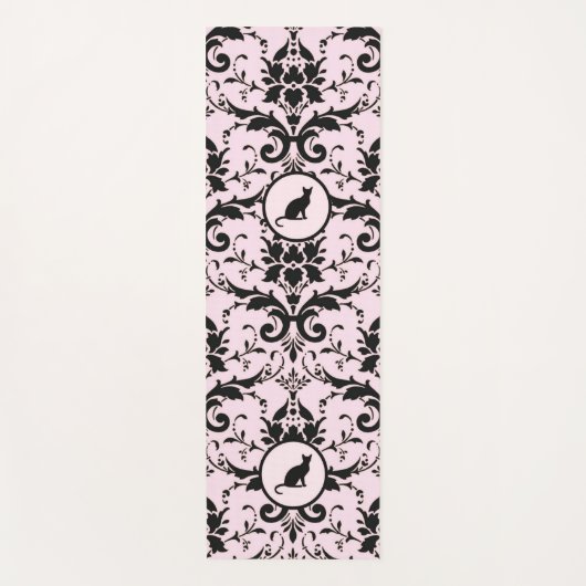 Roze Elegante Kat Damask Patroon Yogamat (Voorkant)