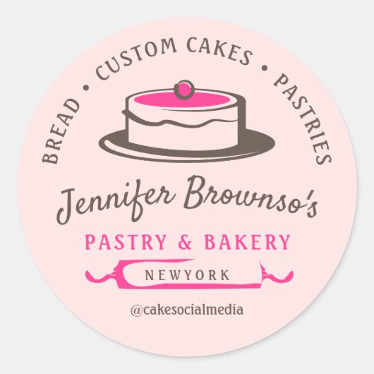 Roze Elegante Klasse Bakkerij Gebak Chef Cake Ronde Sticker (Voorkant)