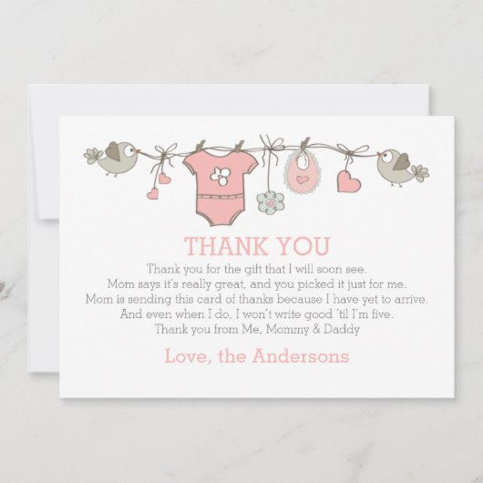 Roze elegante meisjeskleding bedankt BABY SHOWER (Voorkant)