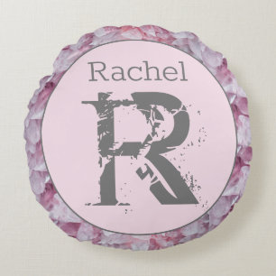 Roze Elegante Moderne Naam Monogram Sjabloon Rond Kussen