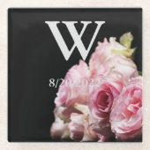 Roze Elegante Monogram Bloem Glas Onderzetter Glazen Onderzetter (Voorkant)