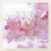 Roze Elegante Monogram Kersenbloesem Glazen Onderzetter (Voorkant)
