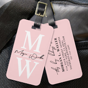 Roze Elegante Monogram Naam Bagagelabel