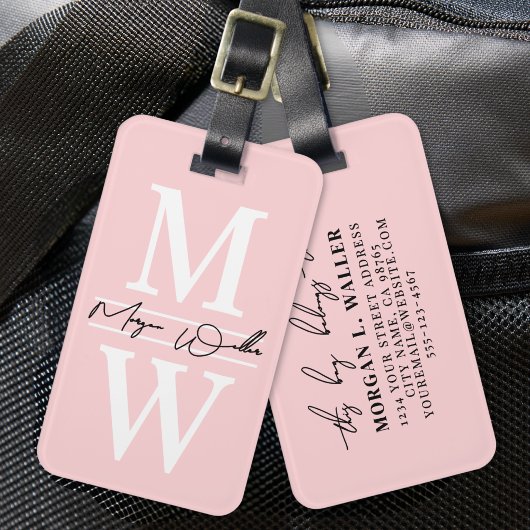 Roze Elegante Monogram Naam Bagagelabel