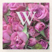 Roze Elegante Monogramrozen Glas Onderzetter (Voorkant)