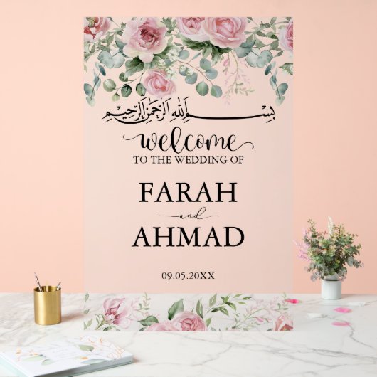 Roze Elegante Moslim Islamitische Huwelijksingang  Acryl Bord (Huwelijk)