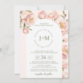 Roze elegante pioenen bloesem boog bruiloft kaart (Voorkant)