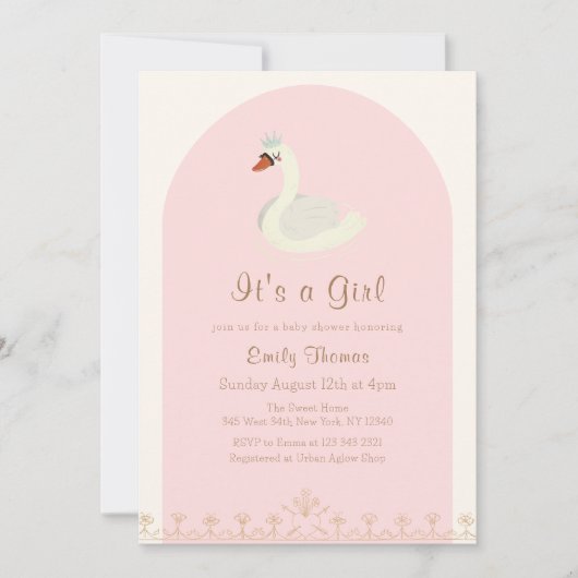 Roze Elegante Princess Swan Arch Baby shower Kaart (Voorkant)