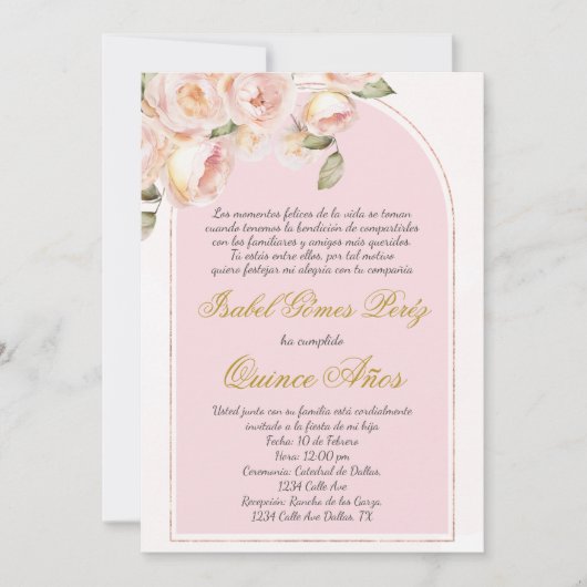 Roze elegante Quince uitnodiging in het Spaans (Voorkant)
