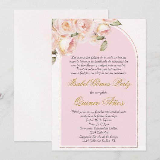 Roze elegante Quince uitnodiging in het Spaans (Voorkant / Achterkant)