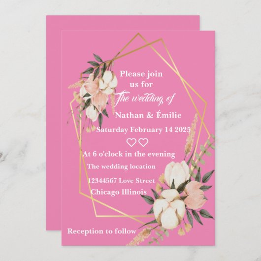 Roze elegante romantische bruiloft uitnodiging (Voorkant / Achterkant)