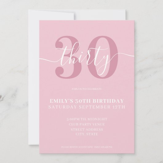 Roze Elegante Script 30e Verjaardagsuitnodiging Kaart (Voorkant)