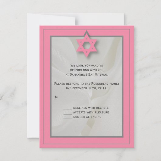 Roze Elegante Stof Bat Mitzvah RSVP Reageer Kaart (Voorkant)