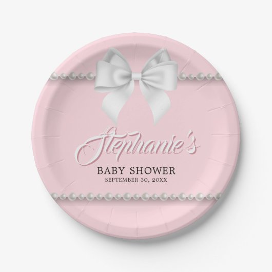 Roze Elegante Tiffany Parels Boog Fancy Baby showe Papieren Bordje (Voorkant)