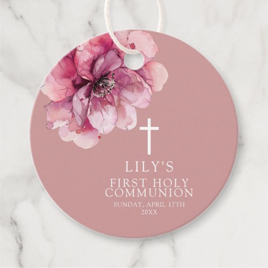 Roze Elegante Waterverf Bloemense First Holy Commu Bedankjes Labels (Voorkant)