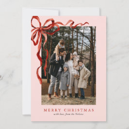Roze Elegante Waterverf Red Bow Christmas 2 Foto Feestdagenkaart