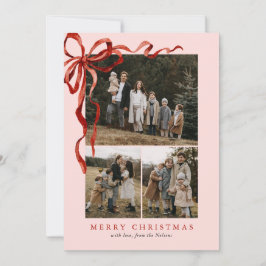 Roze Elegante Waterverf Red Bow Christmas 4 Foto Feestdagenkaart
