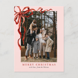 Roze Elegante Waterverf Rode strik Kerstfoto Feestdagenkaart