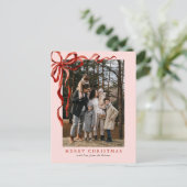 Roze Elegante Waterverf Rode strik Kerstfoto Feestdagenkaart (Staand voorkant)
