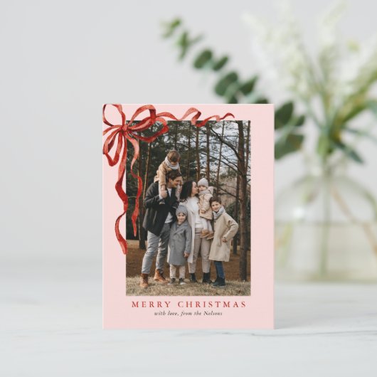 Roze Elegante Waterverf Rode strik Kerstfoto Feestdagenkaart (Staand voorkant)
