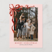 Roze Elegante Waterverf Rode strik Kerstfoto Feestdagenkaart (Voorkant)