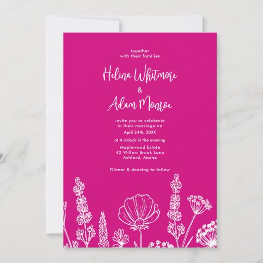 Roze | Elegante Wildflowers bruiloft Kaart (Voorkant)