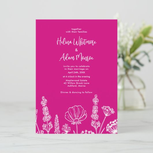 Roze | Elegante Wildflowers bruiloft Kaart (Staand voorkant)