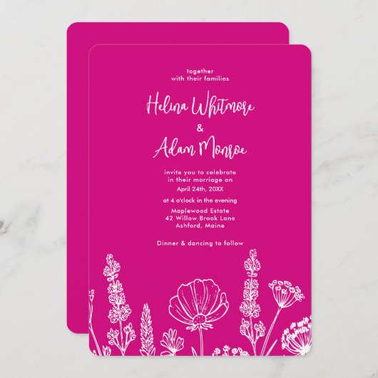 Roze | Elegante Wildflowers bruiloft Kaart (Voorkant / Achterkant)