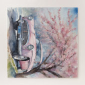 Roze elegantie: oude auto in Waterverf Legpuzzel (Horizontaal)