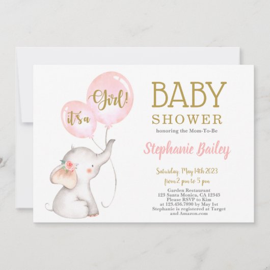 Roze Elephant Baby shower Uitnodiging (Voorkant)