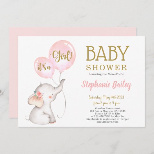 Roze Elephant Baby shower Uitnodiging (Voorkant / Achterkant)