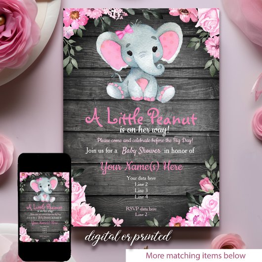 Roze Elephant Baby shower-uitnodiging, bijtend Kaart