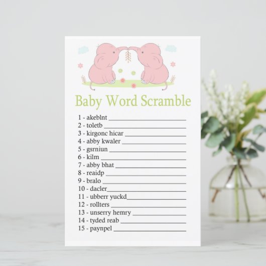 Roze Elephant Baby word scramble game (Staand voorkant)