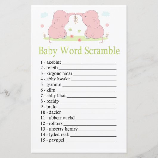 Roze Elephant Baby word scramble game (Voorkant)