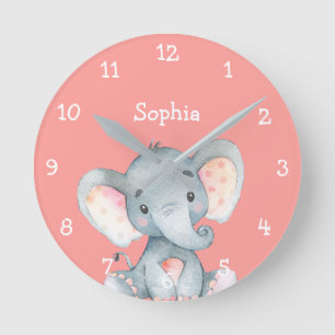 Roze Elephant Cute Baby Girl Name Persoonlijk Ronde Klok