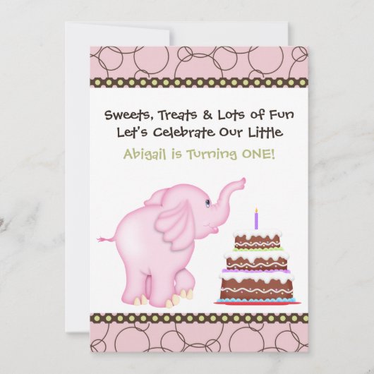 Roze Elephant First Birthday Invitation for Girls Kaart (Voorkant)