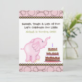 Roze Elephant First Birthday Invitation for Girls Kaart (Staand voorkant)