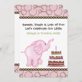 Roze Elephant First Birthday Invitation for Girls Kaart (Voorkant / Achterkant)
