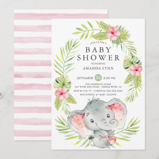 Roze Elephant Girl Baby shower Kaart (Voorkant / Achterkant)