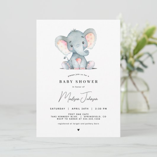Roze Elephant Girl Baby shower Kaart (Staand voorkant)