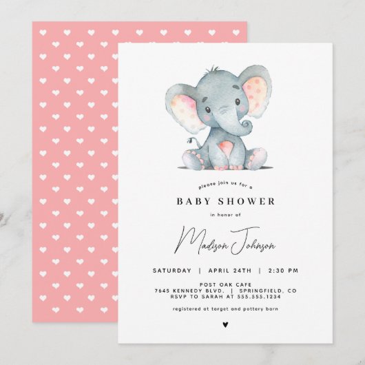 Roze Elephant Girl Baby shower Kaart (Voorkant / Achterkant)