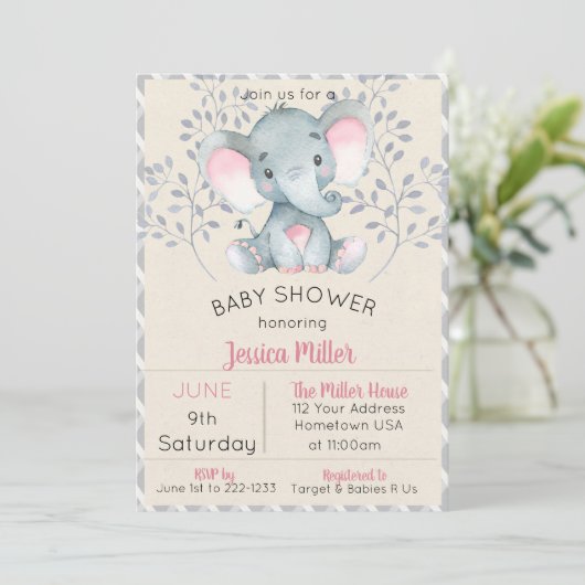 Roze Elephant Girl Baby shower Kaart (Staand voorkant)