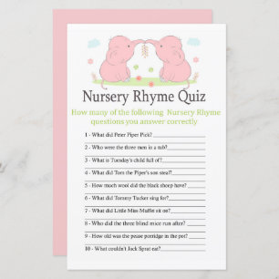 Roze Elephant Nursery Rhyme Quiz baby shower game