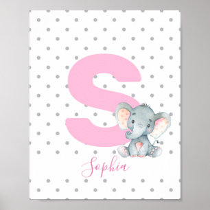 Roze Elephant Personalized Girl Baby Name Nursery Poster